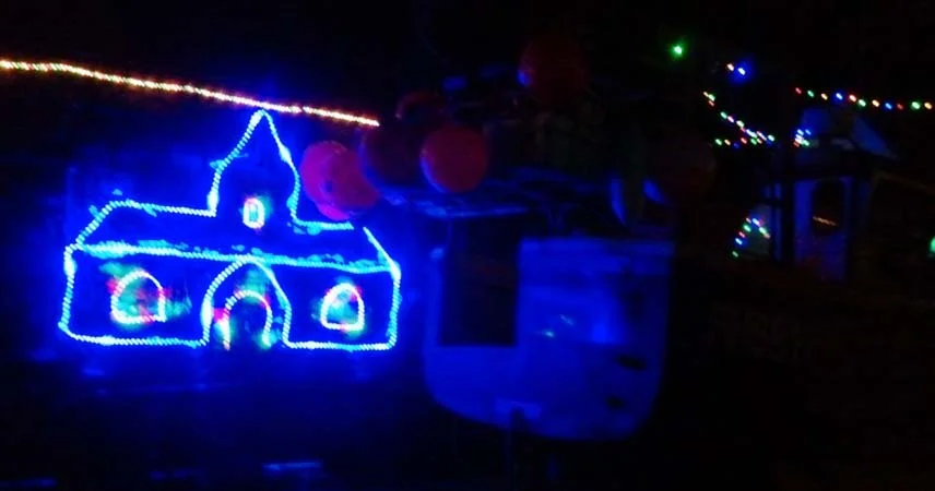 Christmas lights at night in Mousehole, Cornwall