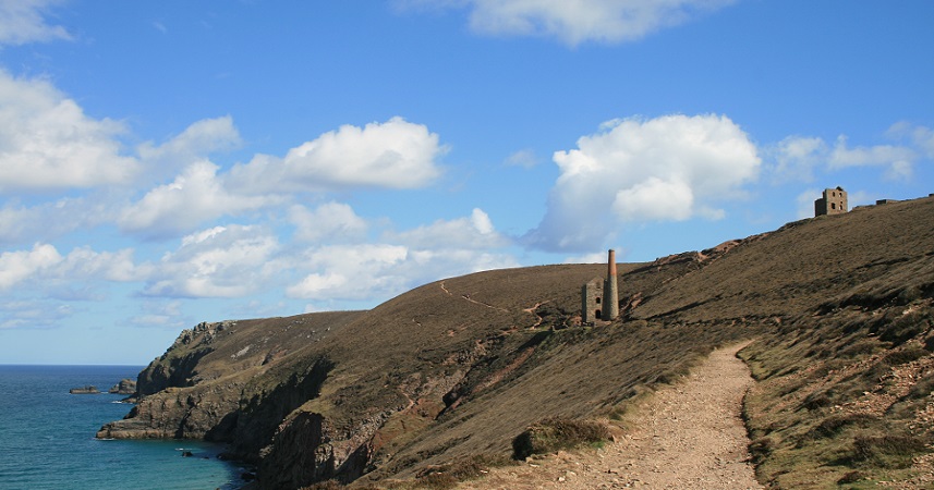 Cornish coastline showing old mine workings and the sea