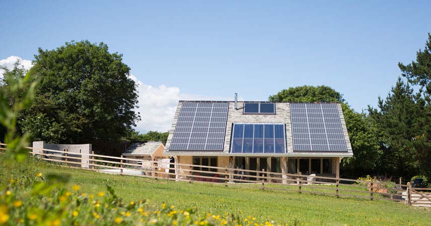 Eco house with solar panels on the roof located at Bosinver in Cornwall