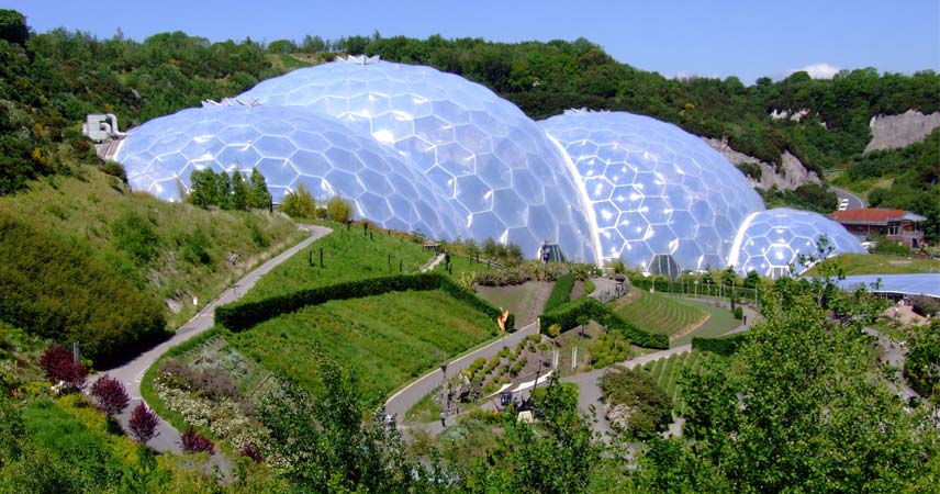 Landscape image of the biomes at the Eden Project in Cornwall