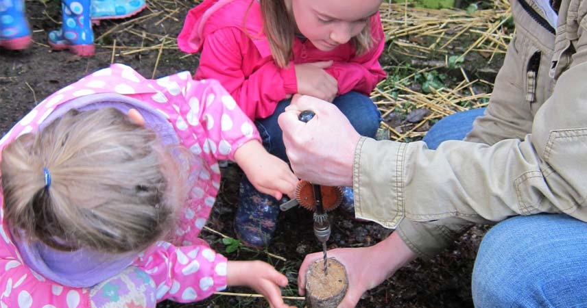 Two children watching an adult use a hand drill during a Wild Kids session at Bosinver.