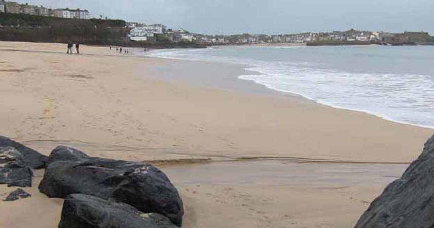 Photo of St Ives beach in in Cornwall, with several walkers walking across it and St Ives in the distance.