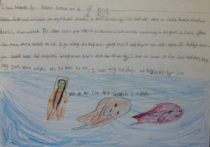 Picture and poem written by a child on white paper with drawing of the sea and sea creatures below