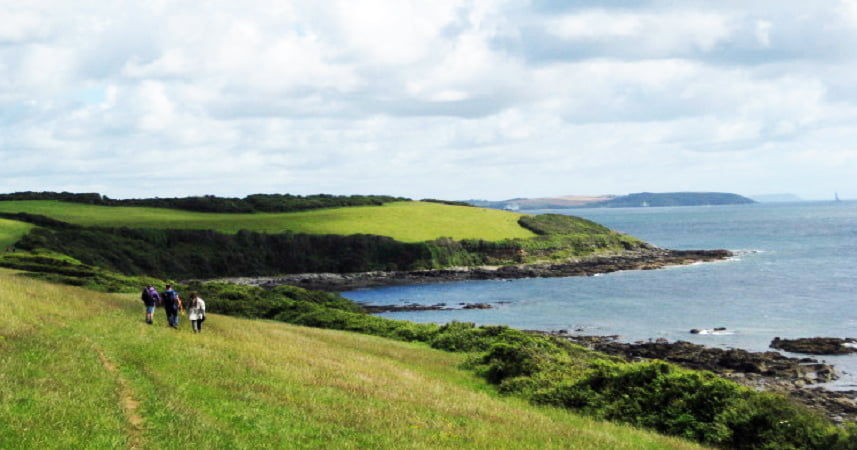 Three walkers walking through a field by the Cornwall coastline.