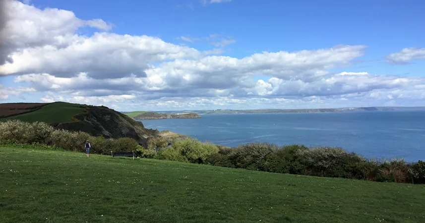 View of the sea with a dogwalker in the background.