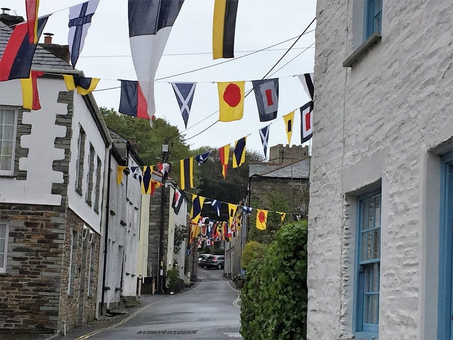 Street of flags and bunting in Padstow, Cornwall.