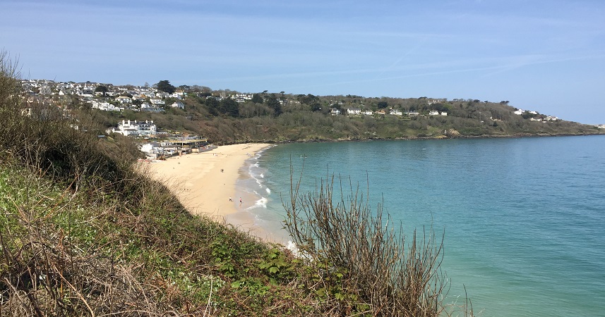 Landscape shot of St Ives beach with blue sky