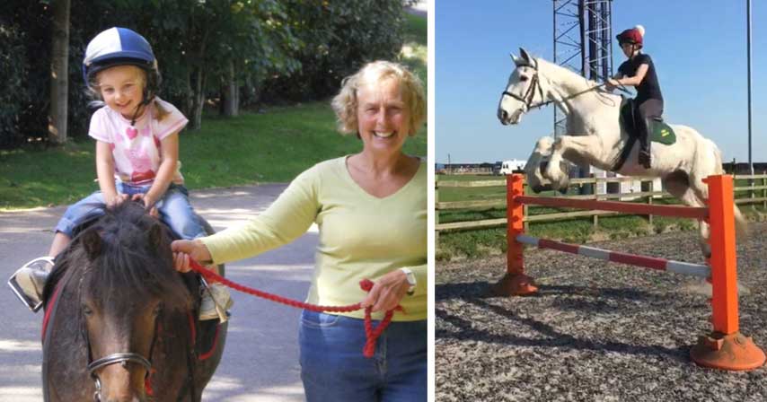 Left - Young girl riding a brown pony with Nanny Pat. Right - White horse and rider show jumping over orange stocks