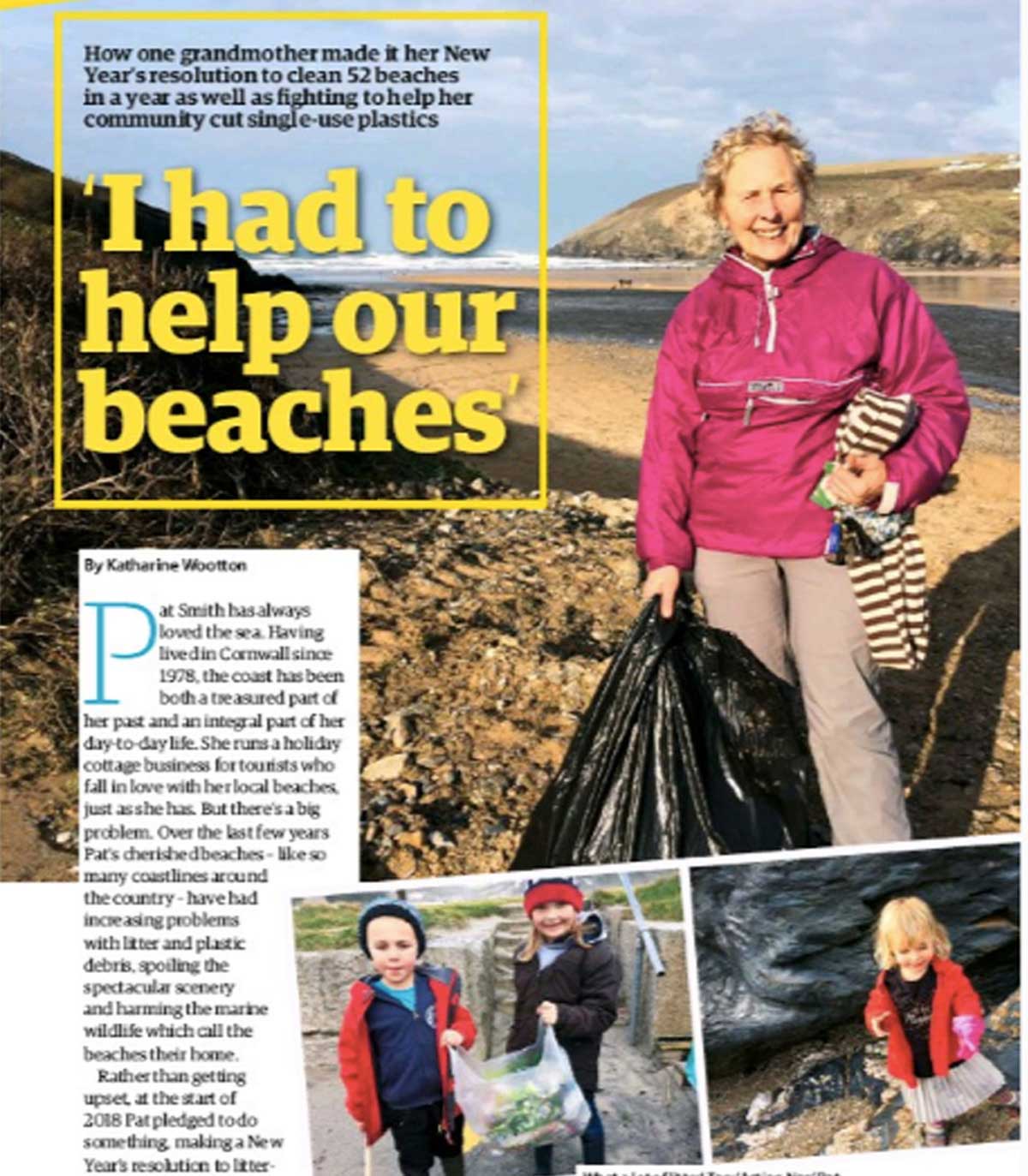 Newspaper page of Nanny Pat cleaning Cornwalls beaches. Captioned 'I had to help our beaches'.
