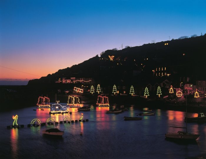 The famous Christmas lights over Mousehole harbour in Cornwall