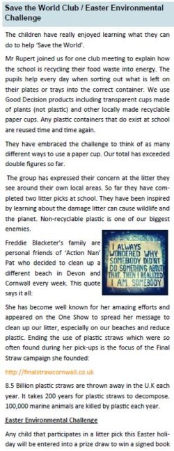 Freddie's school newsletter article about Pat's environmental work