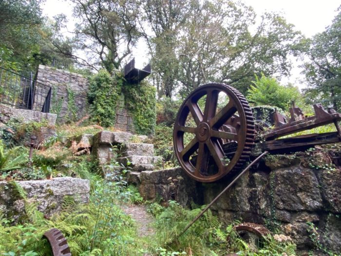Industrial ruins including an old water wheel in the Luxulyan Valley, Cornwall