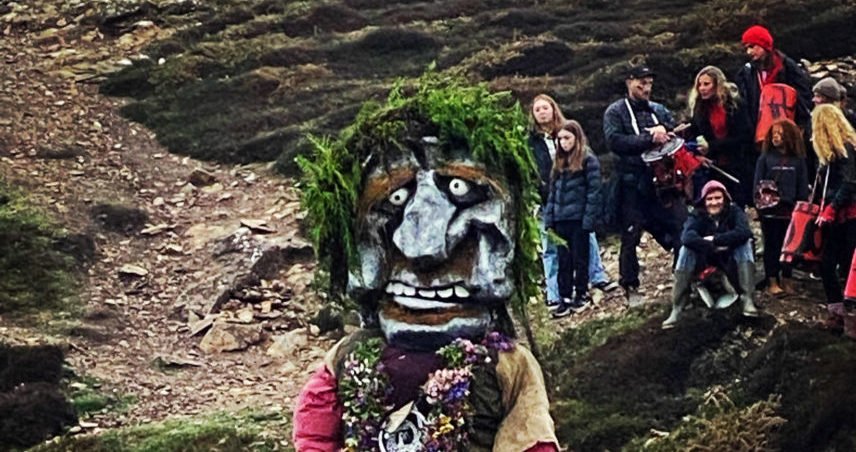 Close up of a traditional mask used during the Giant Bolster Pageant at St Agnes