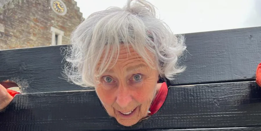 Nanny Pat in the stocks at Bodmin Jail in Cornwall.