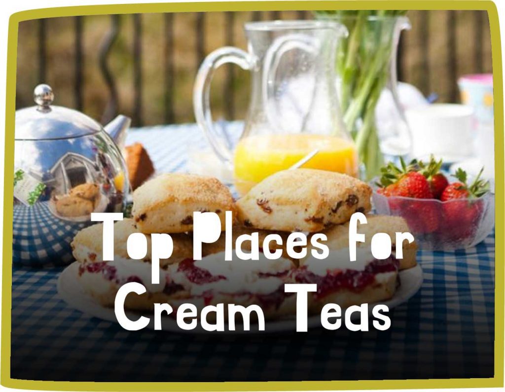 green framed image of a traditional cream tea. White text reads 'top places for cream teas'