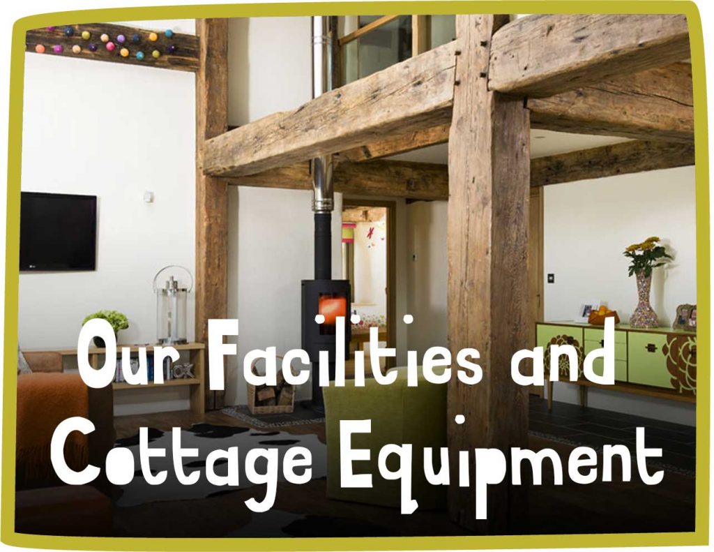 Green framed image of a cottage interior with rustic beams and a wood burner with white text reading 'our facilities and cottage equipment'