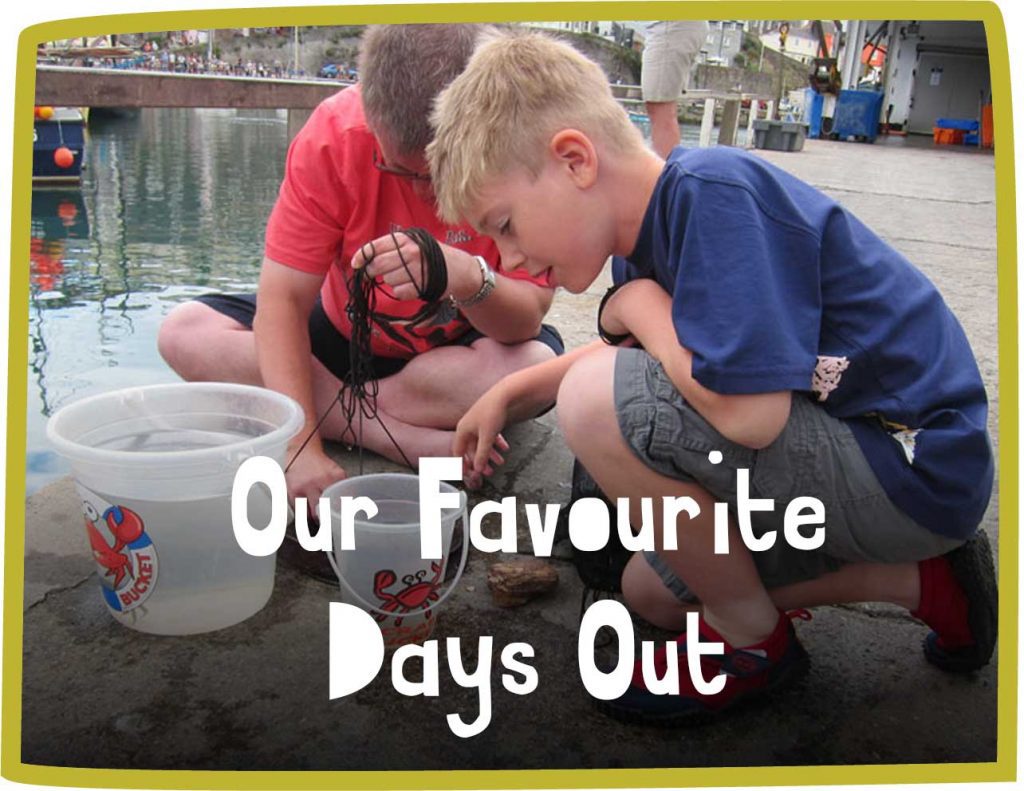 Green framed image of two boys with crabbing buckets on the side of a quay with white text reading 'our favourite days out'