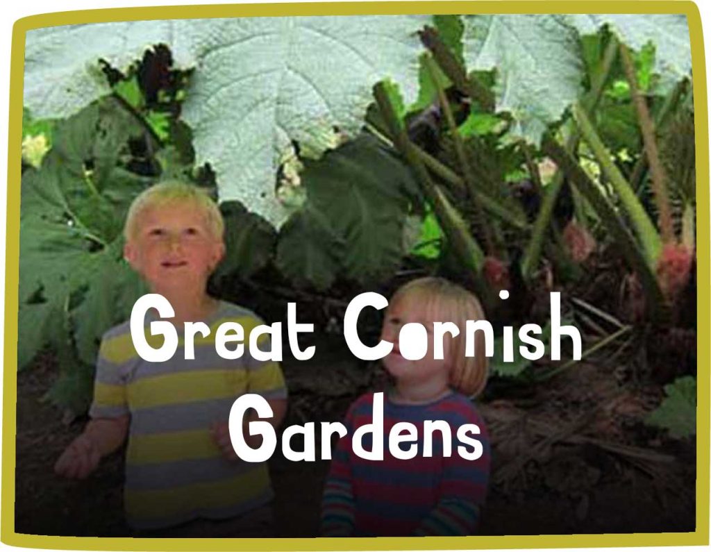 Green framed photo of two kids under giant leaves with white text reading 'great Cornish gardens'