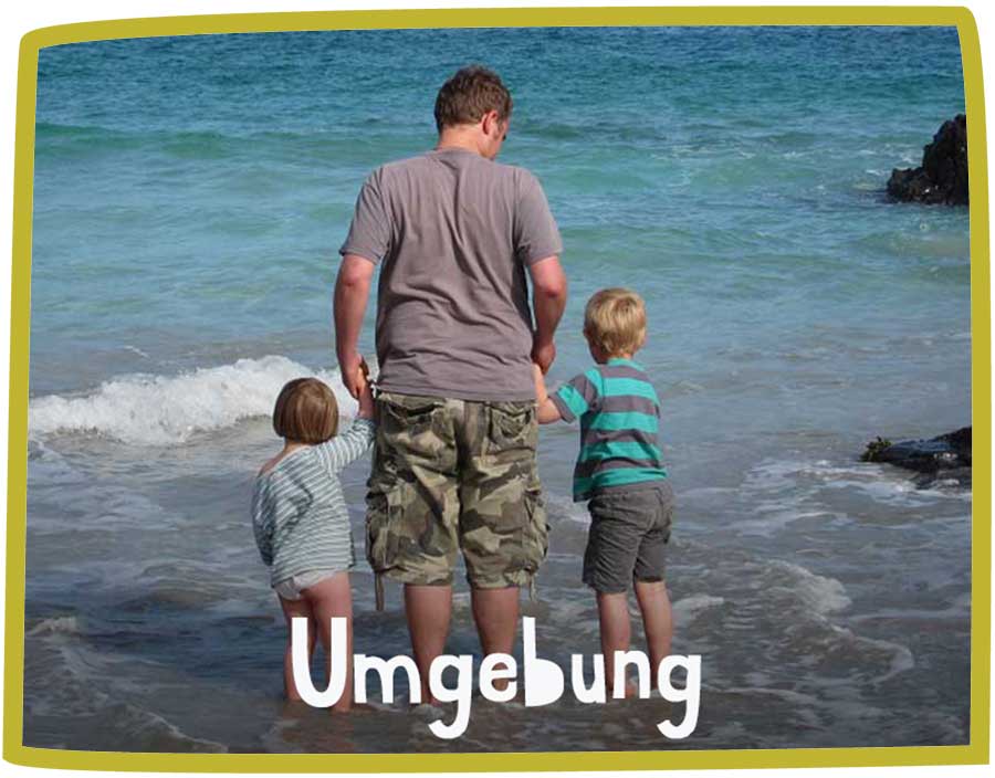Green framed image of a man and two children at the waters edge with white text reading 'Bosinver, Local Areas and Beaches'