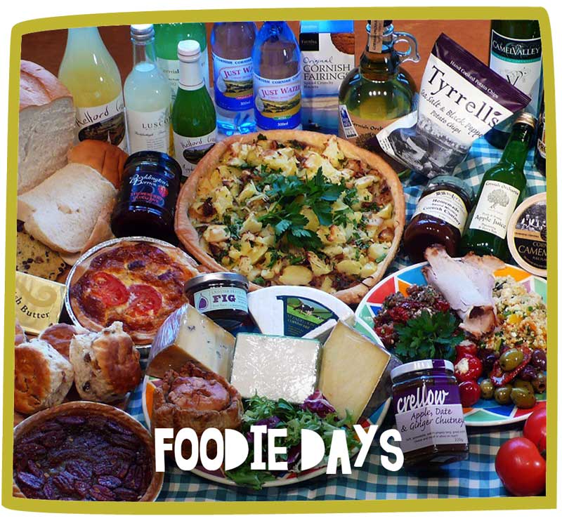 Picnic spread from a range of local producers, including bread, pizza, crisps and more.