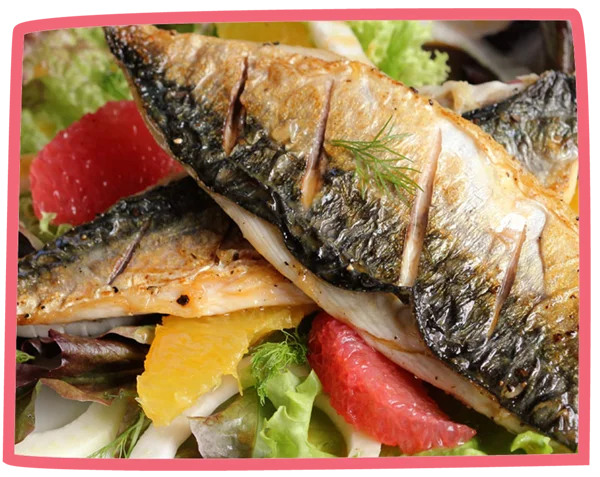 Close up of seared fish and salad on a plate.