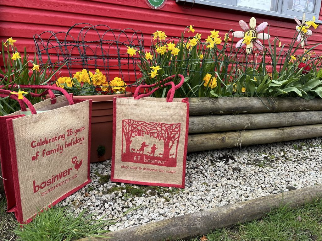 2 branded jute bags positioned in front of a colourful planter