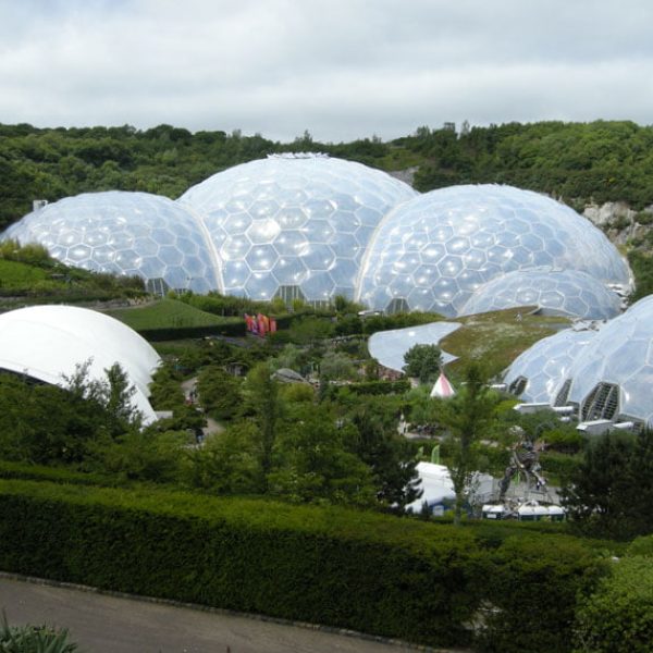Biomes at the Eden Project surrounded by woodland and gardens