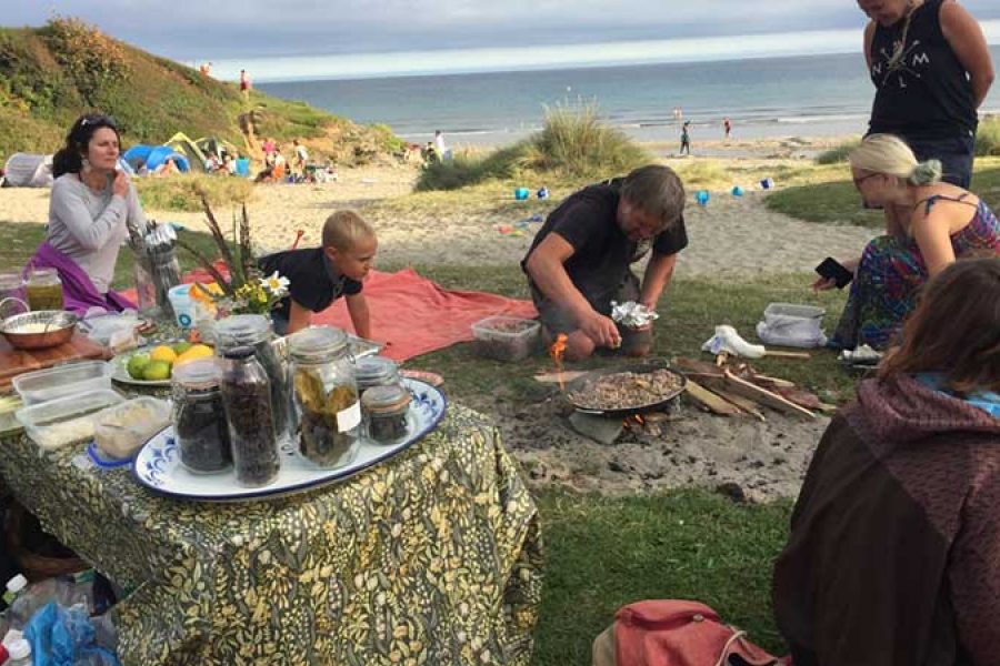 Family sat around a bbq on a Cornish beach cooking wild food with a table of ingredients.
